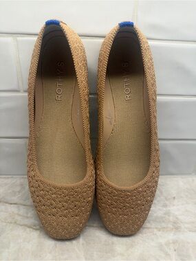 Rothy's Tan Knit Square-Toe Ballet Flats with Blue Heel Tab